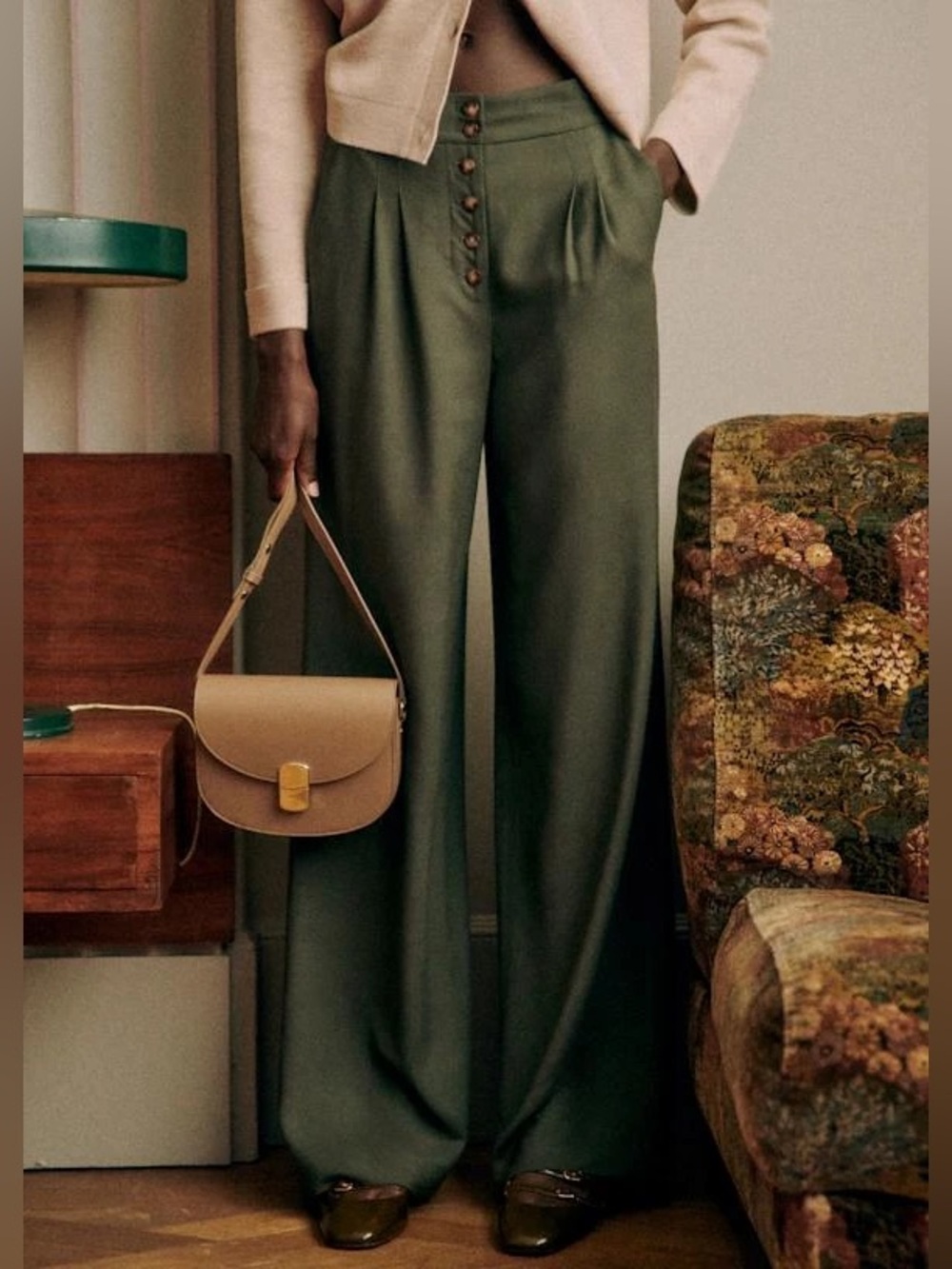 Sezane Cesar Ceasar High-Waist Wide-Leg Pants in Olive Green khaki olive trouser